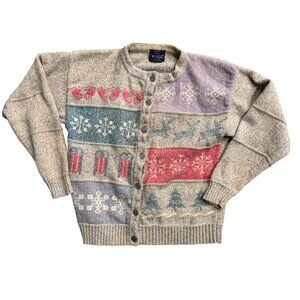 Vtg Woolrich Cardigan Sweater Womens L Fair Isle Novelty Winter Snowflake Deer‎